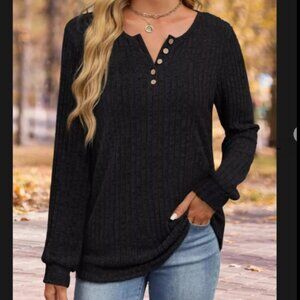 Ladies Black Ribbed Knit Button-Front Long Sleeve T-Shirt Size Large - NWT